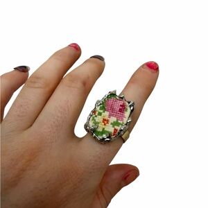 14K Gold Plated Broken China Floral Banquet Ring Cottagecore Vintage